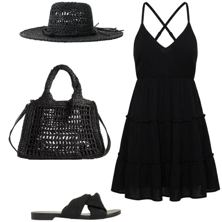 Outfit donna - Lady in black. Stile Casual chic per Tutti i giorni. Abbinamento con borse a tracolla, ciabatte, vestiti corti, cappelli.