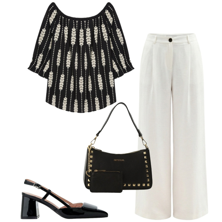 Outfit donna - Total look #2416950. Stile Chic per Ufficio. Abbinamento con pantaloni a palazzo, décolleté, borse a spalla, bluse.