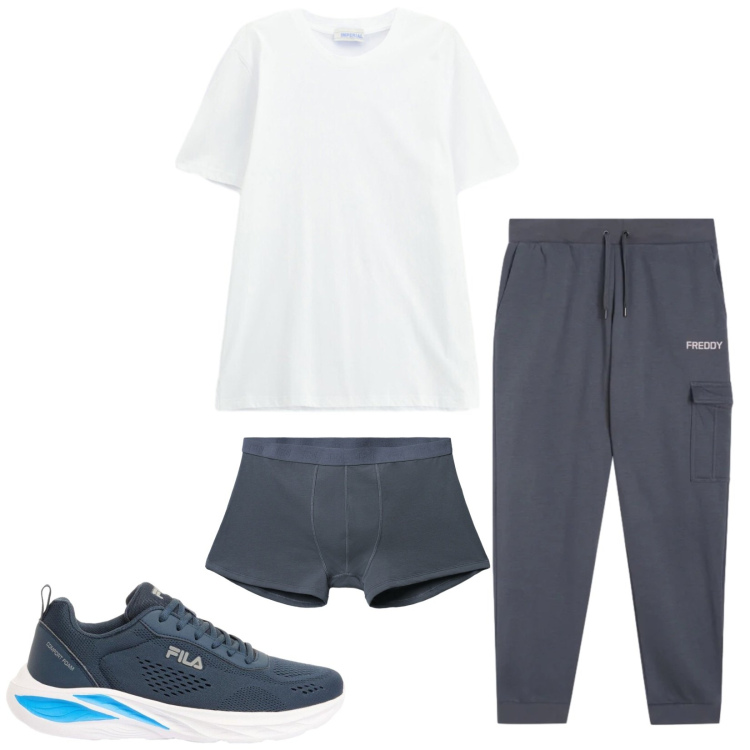 Outfit uomo - Coordinato. Stile Casual per Sport. Abbinamento con sneakers, boxer, t-shirt, pantaloni cargo.