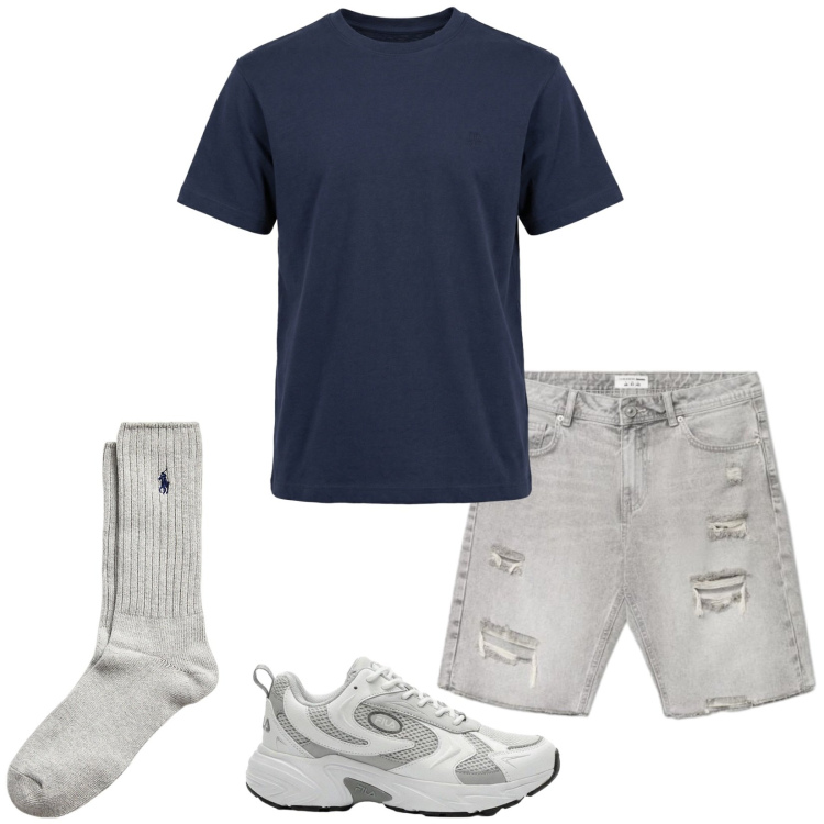 Outfit uomo - Dinamico. Stile Casual per Tutti i giorni. Abbinamento con sneakers, shorts, t-shirt, calzini.