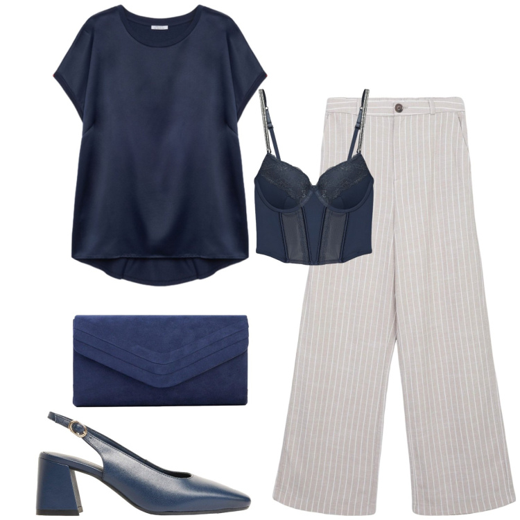 Outfit donna - Total look #2416953. Stile Chic per Serata fuori. Abbinamento con clutch, décolleté, pantaloni, bralette, bluse.
