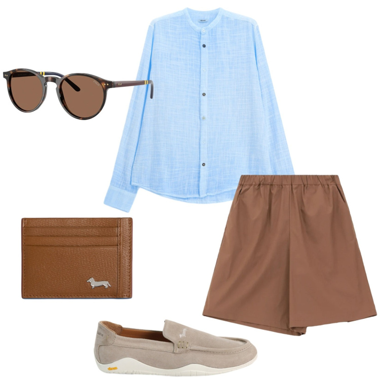Outfit uomo - Aperitivo io e te. Stile Trendy per Serata speciale. Abbinamento con bermuda, camicie, portafogli, scarpe stringate, occhiali da sole.