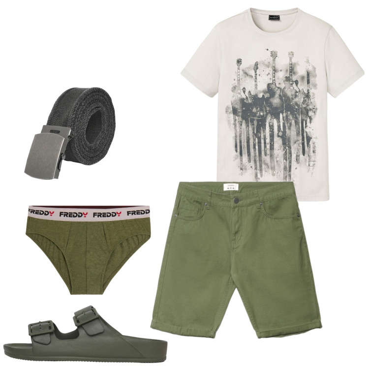 Outfit uomo - Out with Friends. Stile Casual per Tutti i giorni. Abbinamento con t-shirt, cinture, bermuda, sandali, slip.