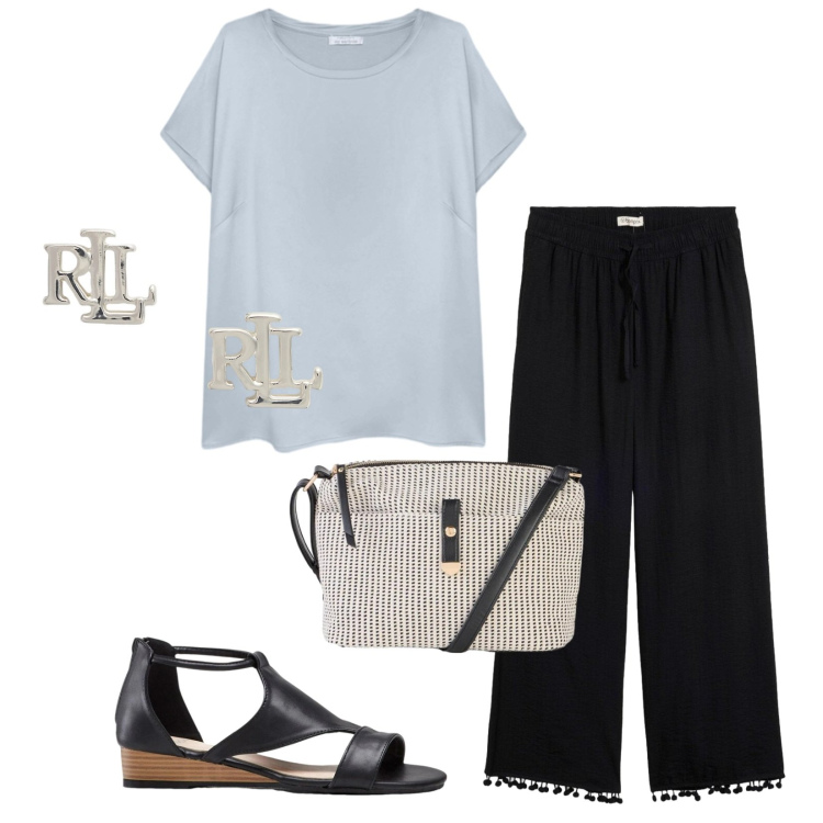 Outfit donna - Total look #2416958. Stile Casual chic per Tutti i giorni. Abbinamento con pantaloni, sandali, borse a tracolla, t-shirt, orecchini.