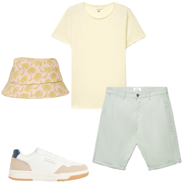 Outfit uomo - Crema e pistacchio. Stile Casual per Tutti i giorni. Abbinamento con sneakers, cappelli con visiera, shorts, t-shirt.