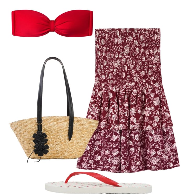 Outfit donna - Al mare in rosso. Stile Bon Ton per Mare. Abbinamento con shopping bag, vestiti corti, bikini, infradito.