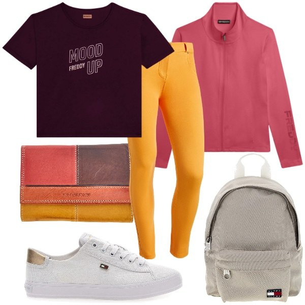 Outfit donna - Summer Energy Freddy. Stile Sporty chic per Tutti i giorni. Abbinamento con pantaloni skinny, felpe sportive, t-shirt, portafogli, zaini, sneakers.