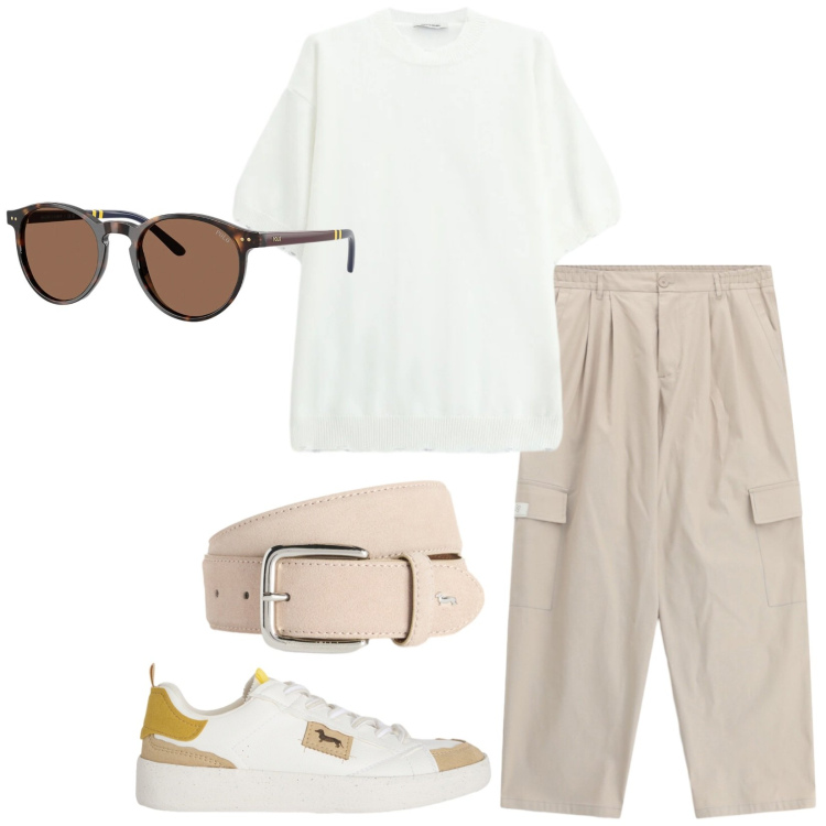 Outfit uomo - Domenica fuori porta. Stile Casual per Tutti i giorni. Abbinamento con pantaloni cargo, t-shirt, sneakers, cinture, occhiali da sole.