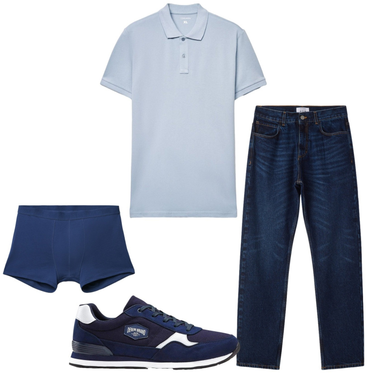 Outfit uomo - Jeans e polo. Stile Casual per Tutti i giorni. Abbinamento con sneakers, boxer, jeans dritti, polo.