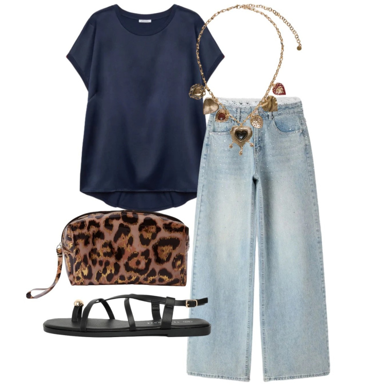 Outfit donna - Tocco chic. Stile Casual chic per Tutti i giorni. Abbinamento con sandali, jeans, pochette, bluse, collane.