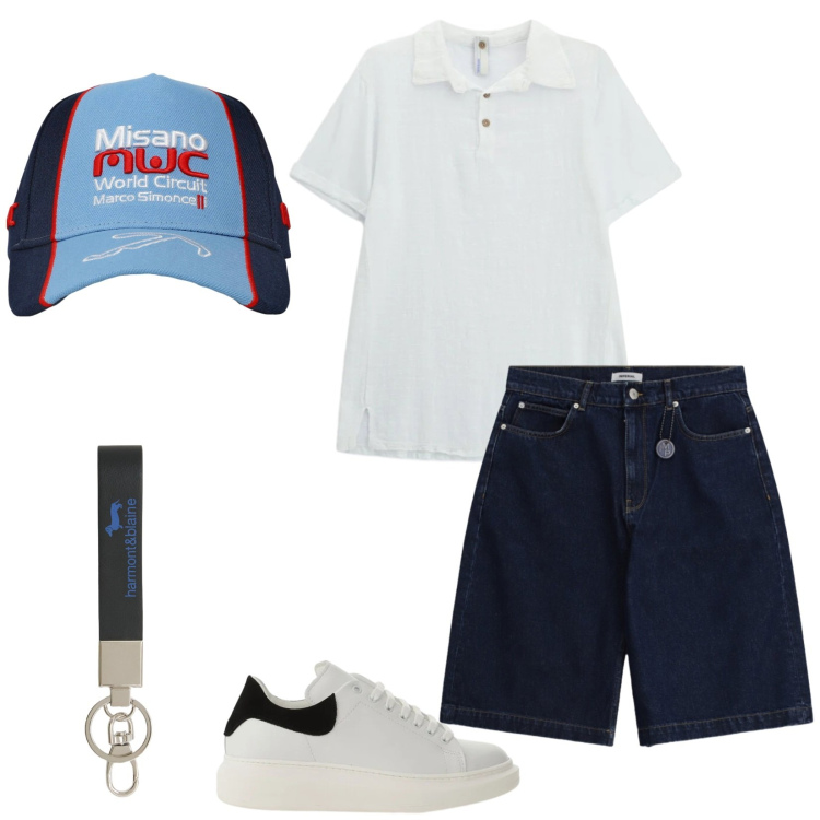 Outfit uomo - Passo a prenderti. Stile Casual per Tutti i giorni. Abbinamento con cappelli, sneakers, bermuda, polo, portachiavi.
