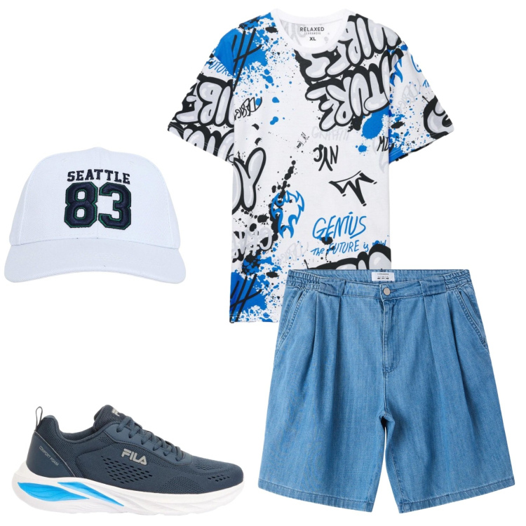 Outfit uomo - Colore in estate. Stile Casual per Tutti i giorni. Abbinamento con sneakers, cappelli, shorts, t-shirt.