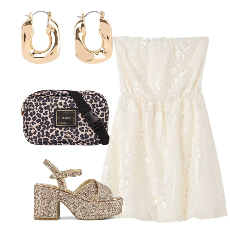 Outfit donna - Festa di compleanno. Stile Chic per Serata fuori. Abbinamento con orecchini, vestiti corti, marsupi, sandali.