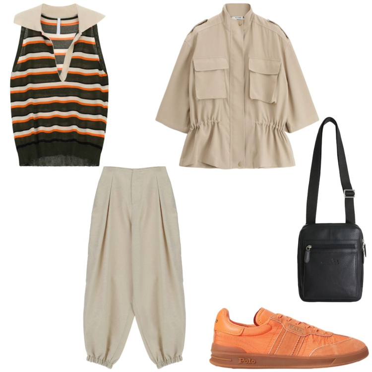 Outfit donna - Completo sabbia. Stile Casual chic per Tutti i giorni. Abbinamento con pantaloni, top, borse a tracolla, parka, sneakers.