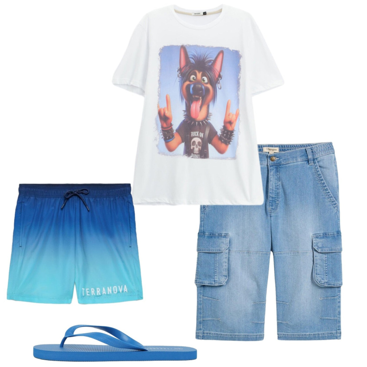 Outfit uomo - Al mare. Stile Casual per Mare. Abbinamento con bermuda, sandali, costumi, t-shirt.