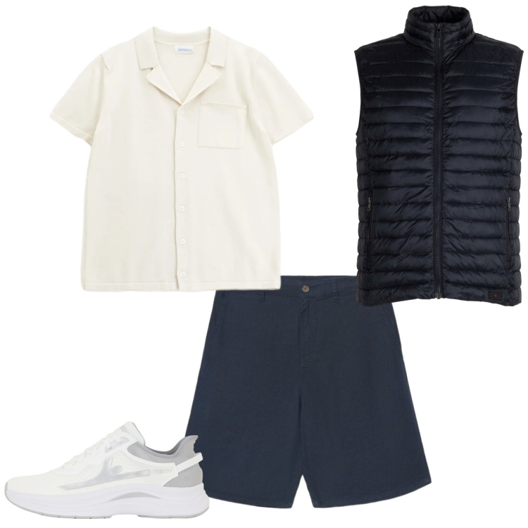 Outfit uomo - Serata in montagna. Stile Casual per Tutti i giorni. Abbinamento con shorts, camicie a manica corta, sneakers, piumini.