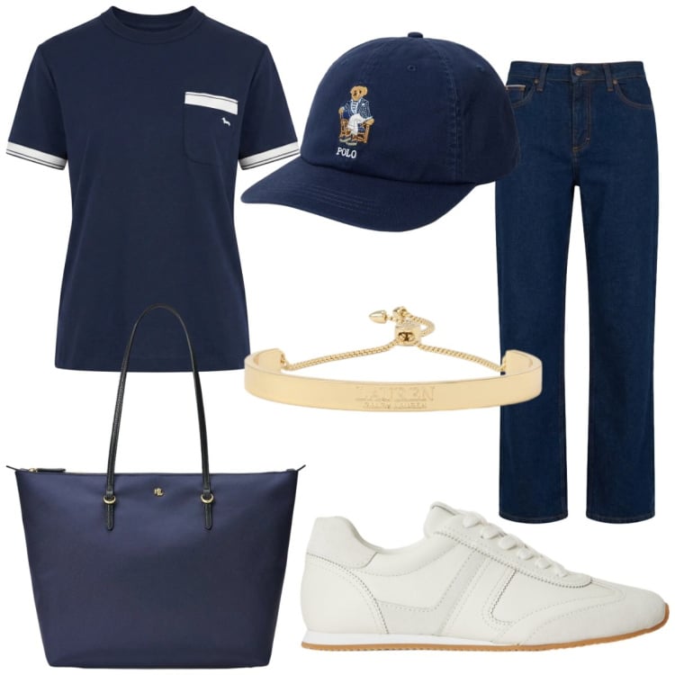 Outfit donna - Blu jeans. Stile Basic per Tutti i giorni. Abbinamento con t-shirt, jeans, borse tote, sneakers, cappelli, braccialetti.