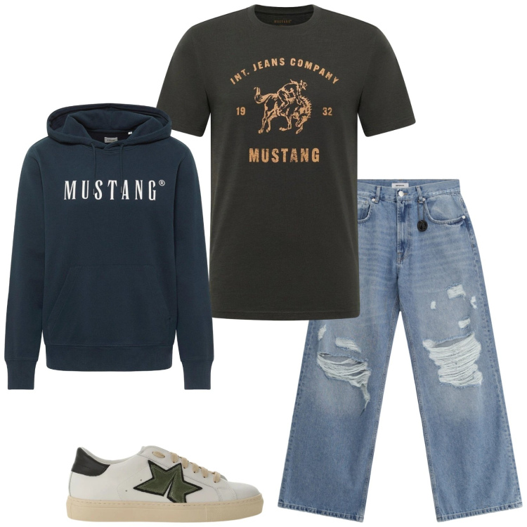 Outfit uomo - Serata fresca. Stile Casual per Tutti i giorni. Abbinamento con felpe con cappuccio, t-shirt, jeans strappati, sneakers.