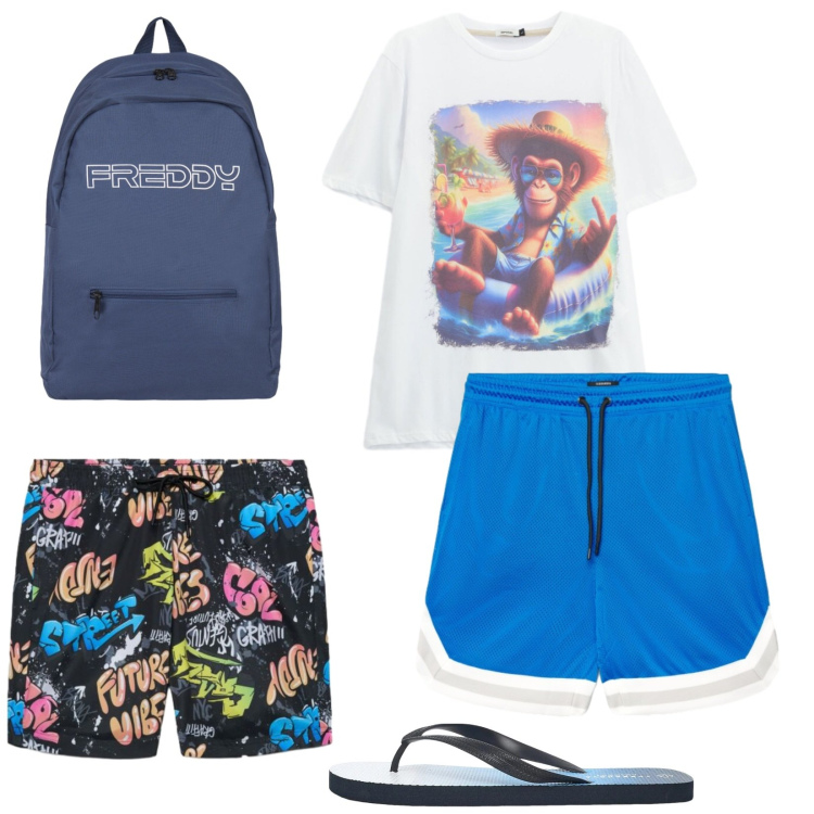 Outfit uomo - Voglia di mare. Stile Casual per Mare. Abbinamento con sandali, bermuda, costumi, t-shirt, borse sportive.