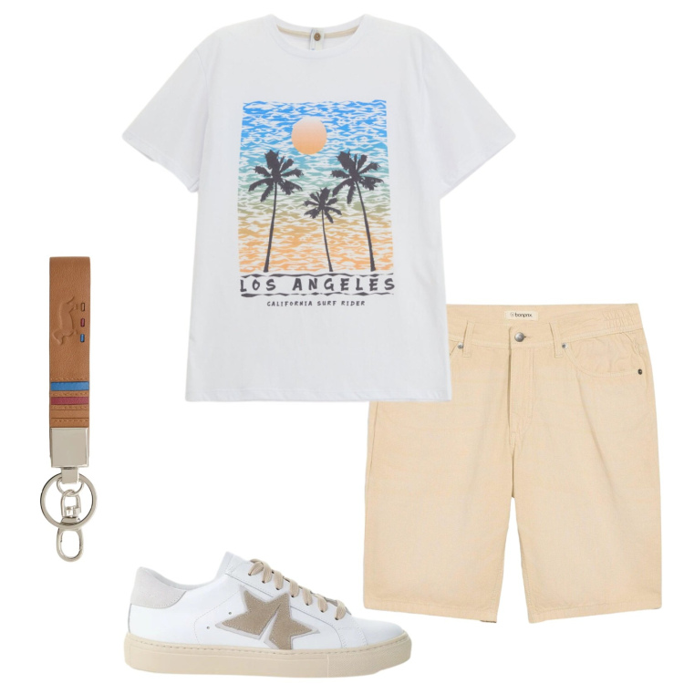 Outfit uomo - Andiamo via. Stile Casual per Tutti i giorni. Abbinamento con bermuda, t-shirt, sneakers, portachiavi.