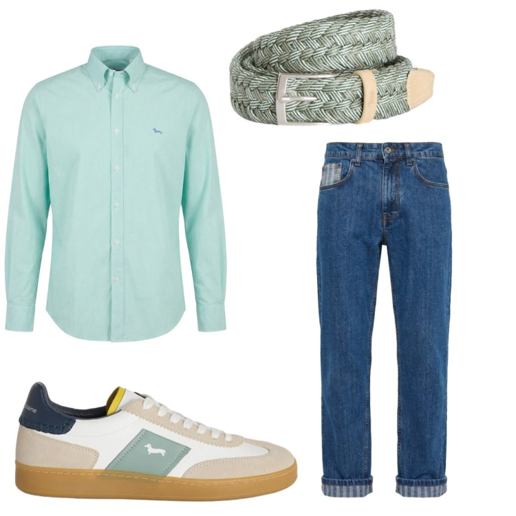 Outfit uomo - Verde acqua. Stile Casual per Tutti i giorni. Abbinamento con camicie, jeans, cinture, sneakers.