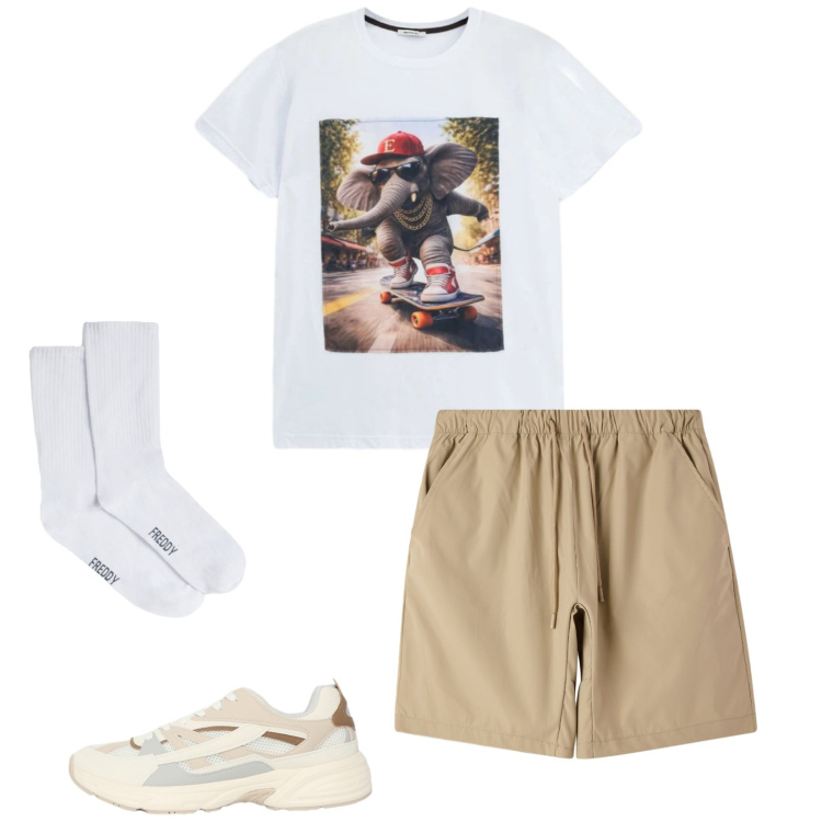 Outfit uomo - La t-shirt simpatica. Stile Casual per Tutti i giorni. Abbinamento con shorts, sneakers, t-shirt, calzini.
