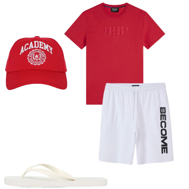 Outfit uomo - Red and White. Stile Casual per Tutti i giorni. Abbinamento con cappelli, bermuda, sandali, t-shirt.