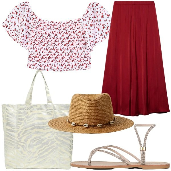 Outfit donna - Colori d’estate Curvy. Stile Casual chic per Tutti i giorni. Abbinamento con sandali, cappelli, bluse, shopping bag, gonne longuette.
