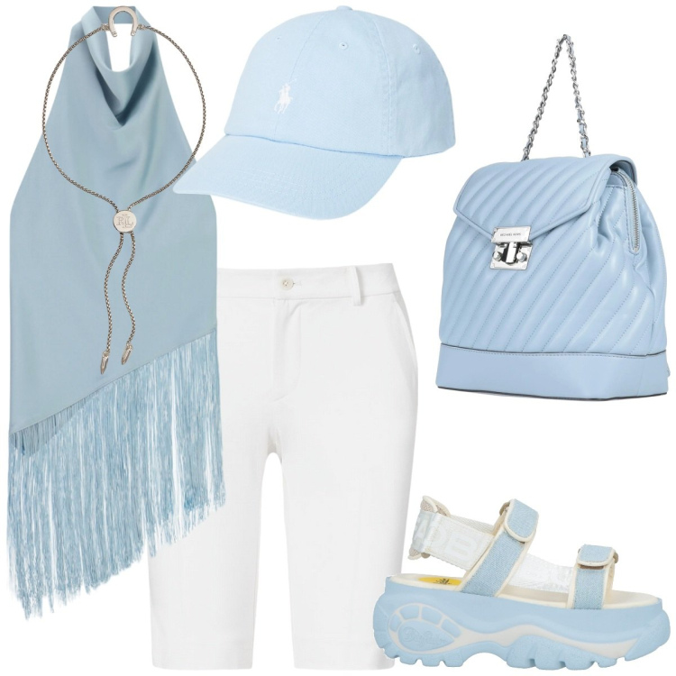Outfit donna - Escursione in relax. Stile Sporty chic per Tutti i giorni. Abbinamento con sandali col tacco, zaini, top, cappelli, pantaloni corti, braccialetti con ciondoli.