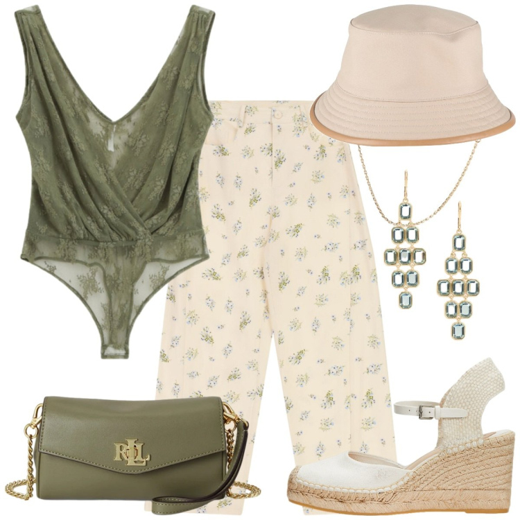 Outfit donna - Floral comfort. Stile Casual chic per Tutti i giorni. Abbinamento con cappelli, pantaloni a palazzo, top, espadrillas, orecchini, portafogli.