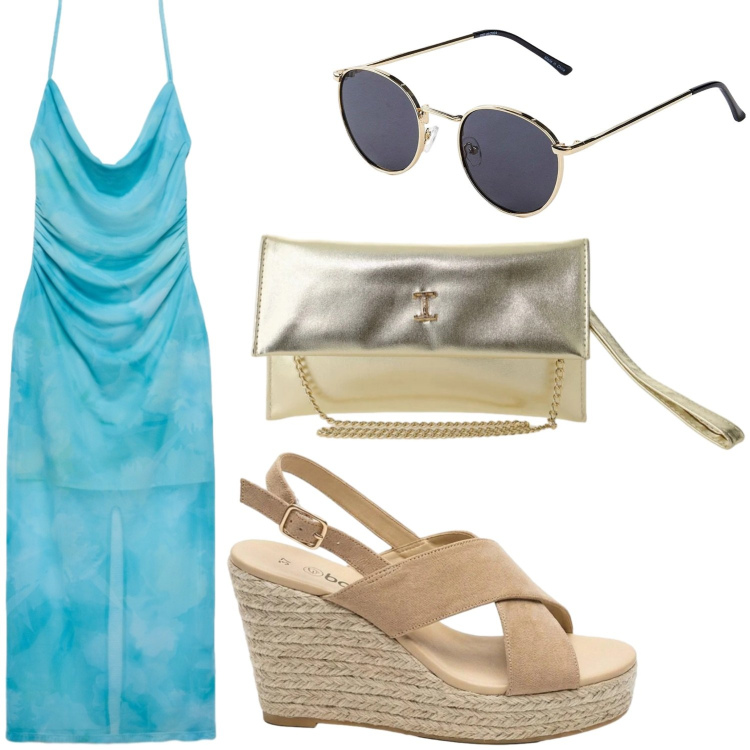 Outfit donna - Azzurro mare. Stile Casual chic per Serata fuori. Abbinamento con occhiali da sole, sandali col tacco, vestiti lunghi, borse a tracolla.