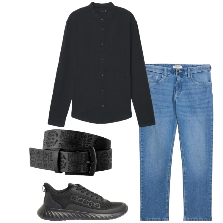 Outfit uomo - Al pub. Stile Casual per Tutti i giorni. Abbinamento con cinture, sneakers, jeans dritti, camicie.