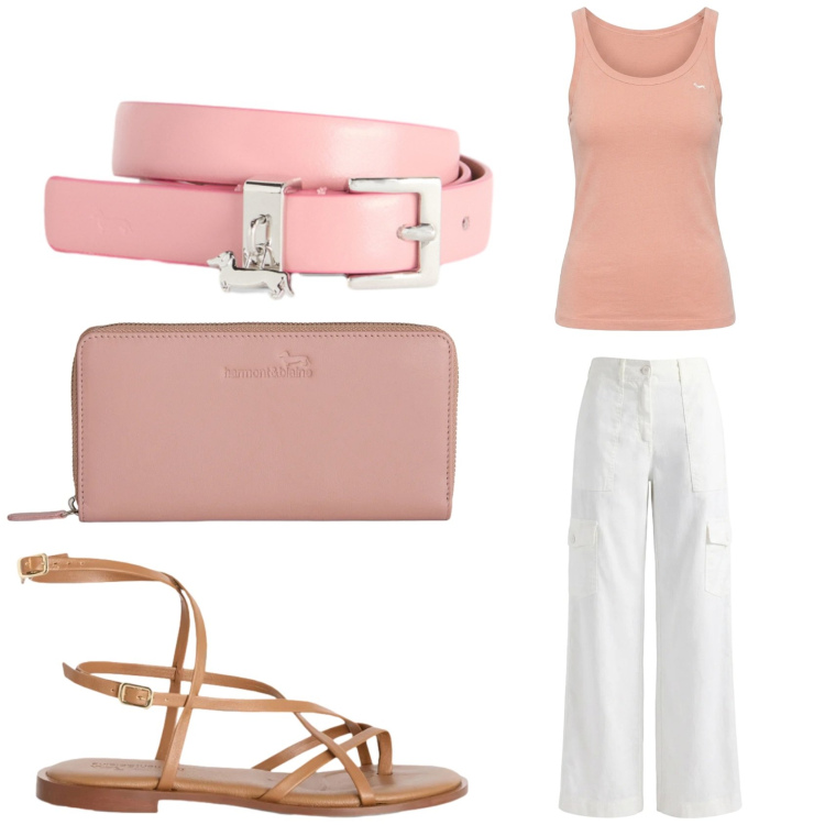 Outfit donna - Freschezza in Harmont e Blaine. Stile Casual chic per Tutti i giorni. Abbinamento con sandali in pelle, cinture, portafogli, pantaloni cargo, canottiere.