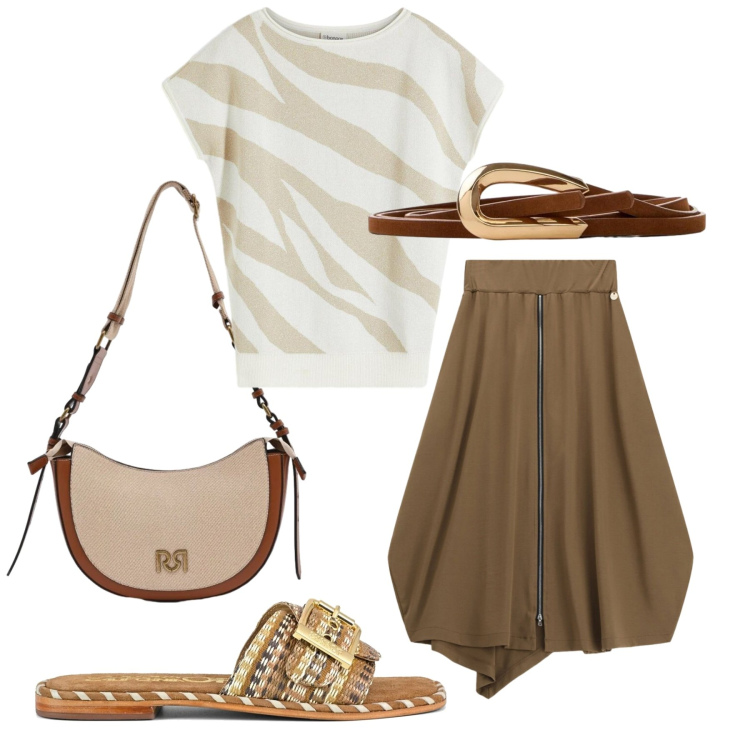 Outfit donna - Total look #2417002. Stile Glamour per Serata fuori. Abbinamento con t-shirt, cinture, borse a tracolla, gonne longuette, ciabatte.