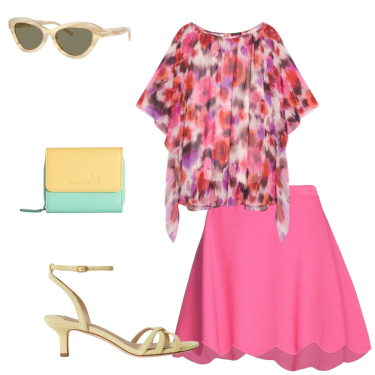 Outfit donna - Libera come l\' aria. Stile Bon Ton per Serata fuori. Abbinamento con minigonne, portafogli, tuniche, occhiali da sole, sandali col tacco.
