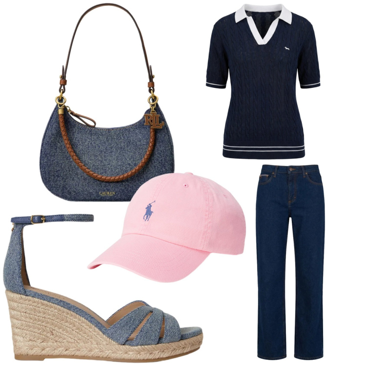 Outfit donna - Blu chic. Stile Casual per Tutti i giorni. Abbinamento con polo, jeans, cappelli con visiera, zeppe, borse a spalla.