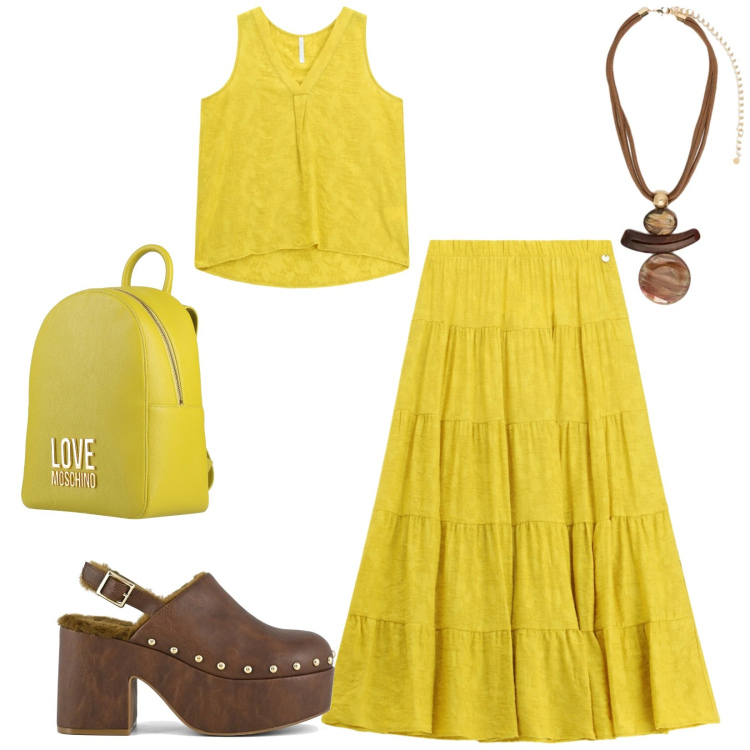 Outfit donna - Total look #2417008. Stile 70s per Tutti i giorni. Abbinamento con zaini, gonne lunghe, top, ciondoli, sabot.