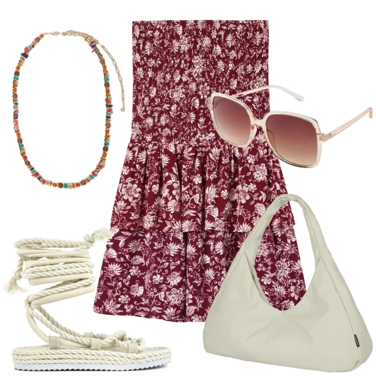 Outfit donna - Total look #2417009. Stile Minimal per Mare. Abbinamento con occhiali da sole, vestiti corti, collane, borse a spalla, sandali.