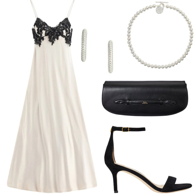 Outfit donna - Cerimonia. Stile Glamour per Cerimonia. Abbinamento con vestiti lunghi, collane, clutch, orecchini, sandali in pelle.