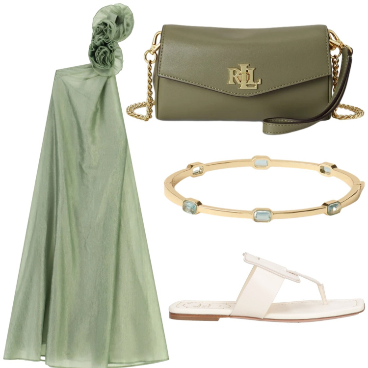 Outfit donna - Serata romantica. Stile Glamour per Serata fuori. Abbinamento con ciabatte, vestiti lunghi, braccialetti, portafogli.