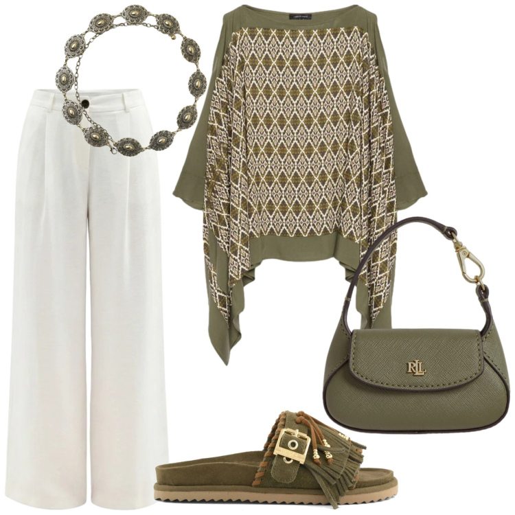 Outfit donna - Total look #2417017. Stile Chic per Serata fuori. Abbinamento con cinture, pantaloni a palazzo, bluse, borse a mano, sandali in pelle.