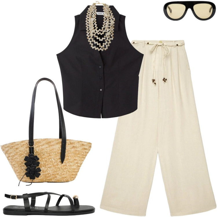 Outfit donna - Lino e leggerezza. Stile Basic per Ufficio. Abbinamento con shopping bag, top, sandali, pantaloni, occhiali da sole, collane.