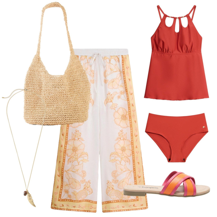 Outfit donna - Finalmente in spiaggia. Stile Boho per Mare. Abbinamento con shopping bag, pantaloni a palazzo, bikini, ciabatte, collane.