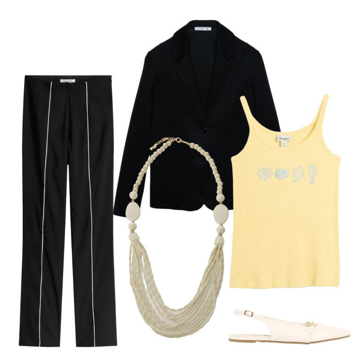 Outfit donna - Giugno. Stile Mannish per Cerimonia. Abbinamento con pantaloni, ballerine, top, blazer, collane.