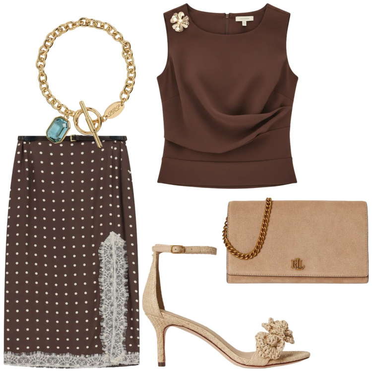 Outfit donna - Total look #2417027. Stile Glamour per Cerimonia. Abbinamento con top, gonne lunghe, sandali in pelle, borse a tracolla, braccialetti.