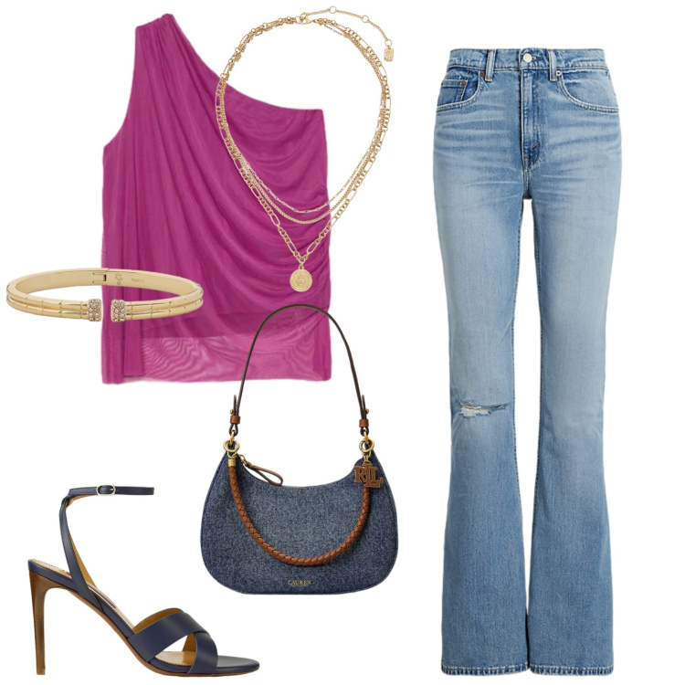 Outfit donna - Giugno. Stile Casual chic per Serata fuori. Abbinamento con top, ciondoli, jeans, sandali col tacco, braccialetti, borse a spalla.