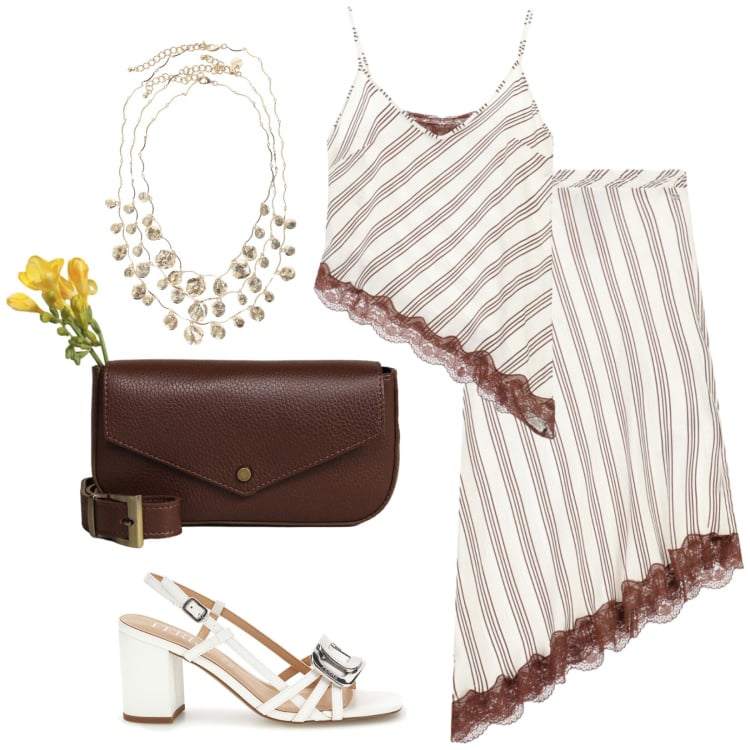 Outfit donna - Completo ultra estivo. Stile Chic per Serata fuori. Abbinamento con gonne longuette, top, borse a tracolla, collane, sandali in pelle.