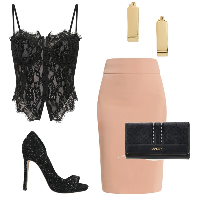 Outfit donna - Una serata indimenticabile. Stile Glamour per Serata fuori. Abbinamento con décolleté, gonne longuette, top, orecchini, portafogli.