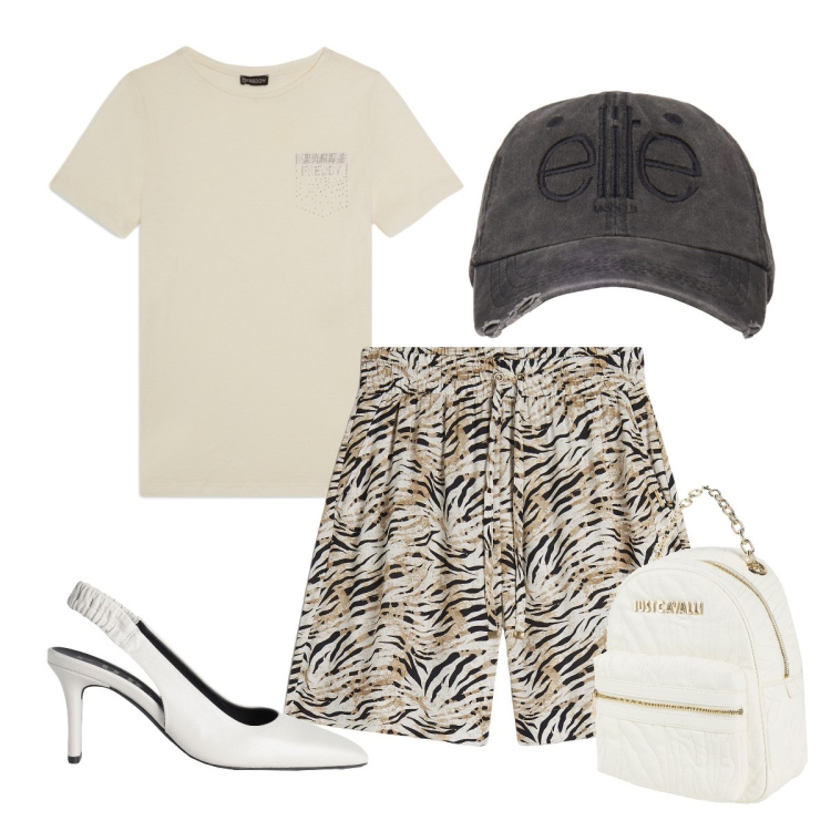 Outfit donna - Pantaloncini animalier. Stile Sporty chic per Tutti i giorni. Abbinamento con décolleté, zaini, bermuda, t-shirt, cappelli.