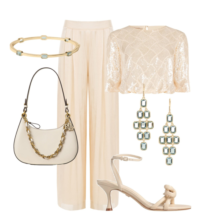Outfit donna - Dallo stile raffinato. Stile Chic per Cerimonia. Abbinamento con sandali in pelle, top, pantaloni a palazzo, borse a spalla, orecchini, braccialetti.
